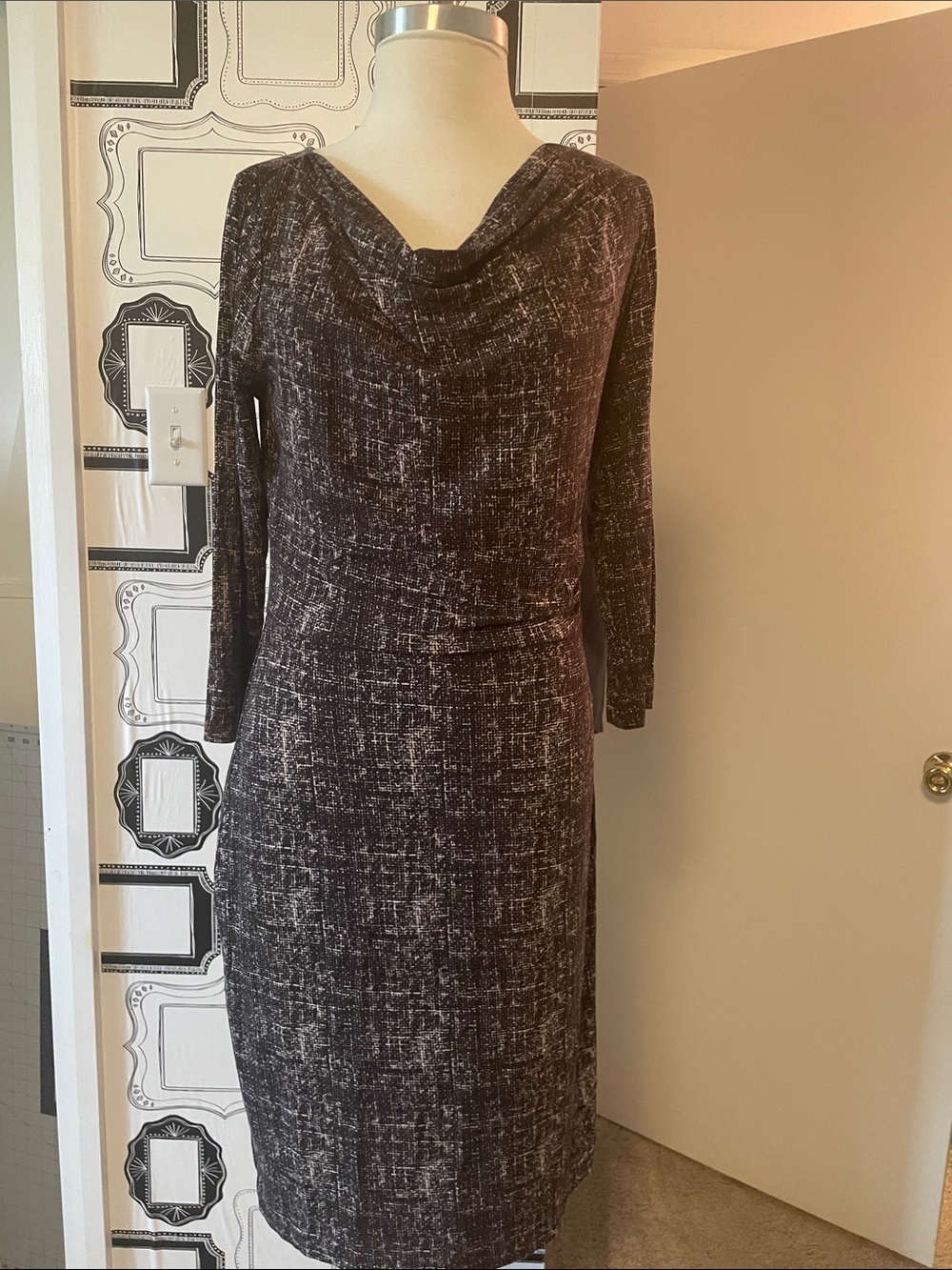 Ann Taylor Black and White Marled Cowl Neck Sheath Dress